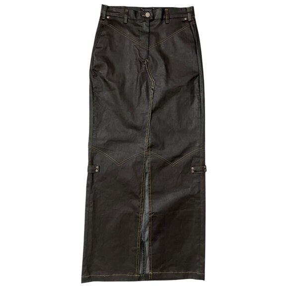 NTK Rodeo Jean Coated Denim Maxi Skirt Size 26 Brown‎ Western Front Slit - Picture 1 of 13